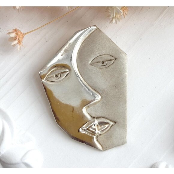 Vintage Jewelry - Midcentury Modern Abstract Mexican Mask Face Sterling Silver Vintage Brooch